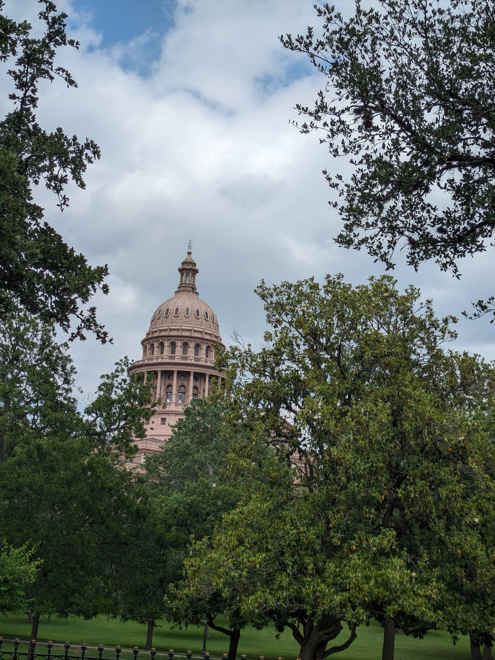 The Texas Capitol building viewed through oak trees