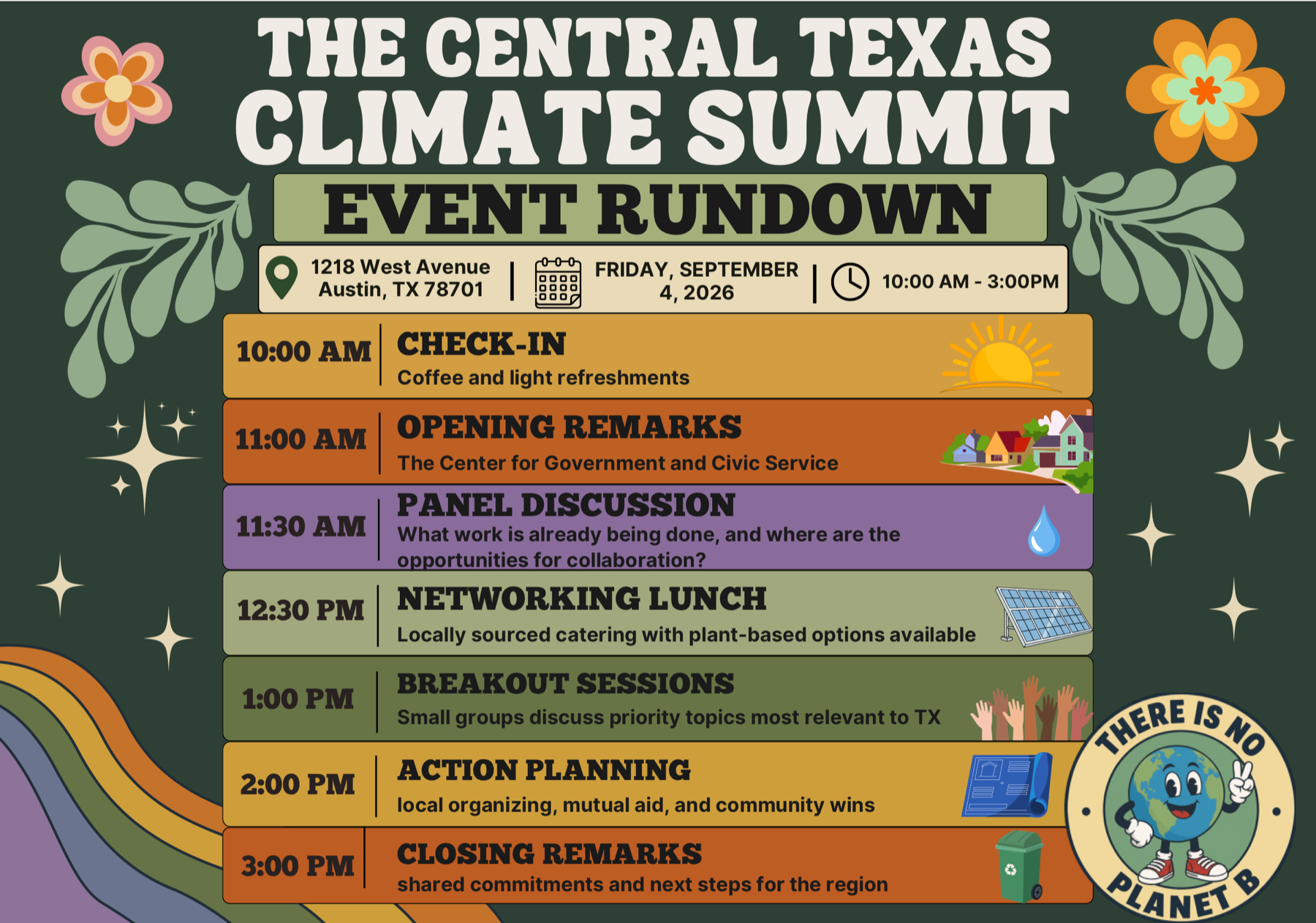 Event rundown graphic — 10 AM check-in, 11 AM opening remarks, 11:30 panel discussion, 12:30 networking lunch, 1 PM breakout sessions, 2 PM action planning, 3 PM closing remarks