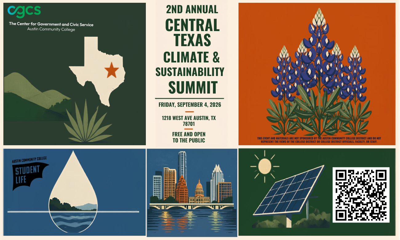 2nd Annual Central Texas Climate & Sustainability Summit flyer — Friday, September 4, 2026, 1218 West Ave, Austin TX 78701, free and open to the public