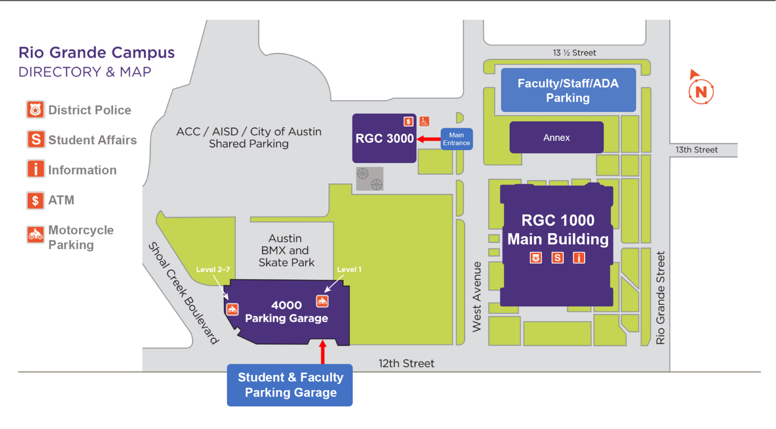 ACC Rio Grande Campus map. The 4000 Parking Garage sits on 12th Street west of West Avenue, with the RGC 1000 Main Building to the east and ADA parking to the north off 13th Street.